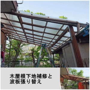 木屋根下地補修と波板張替